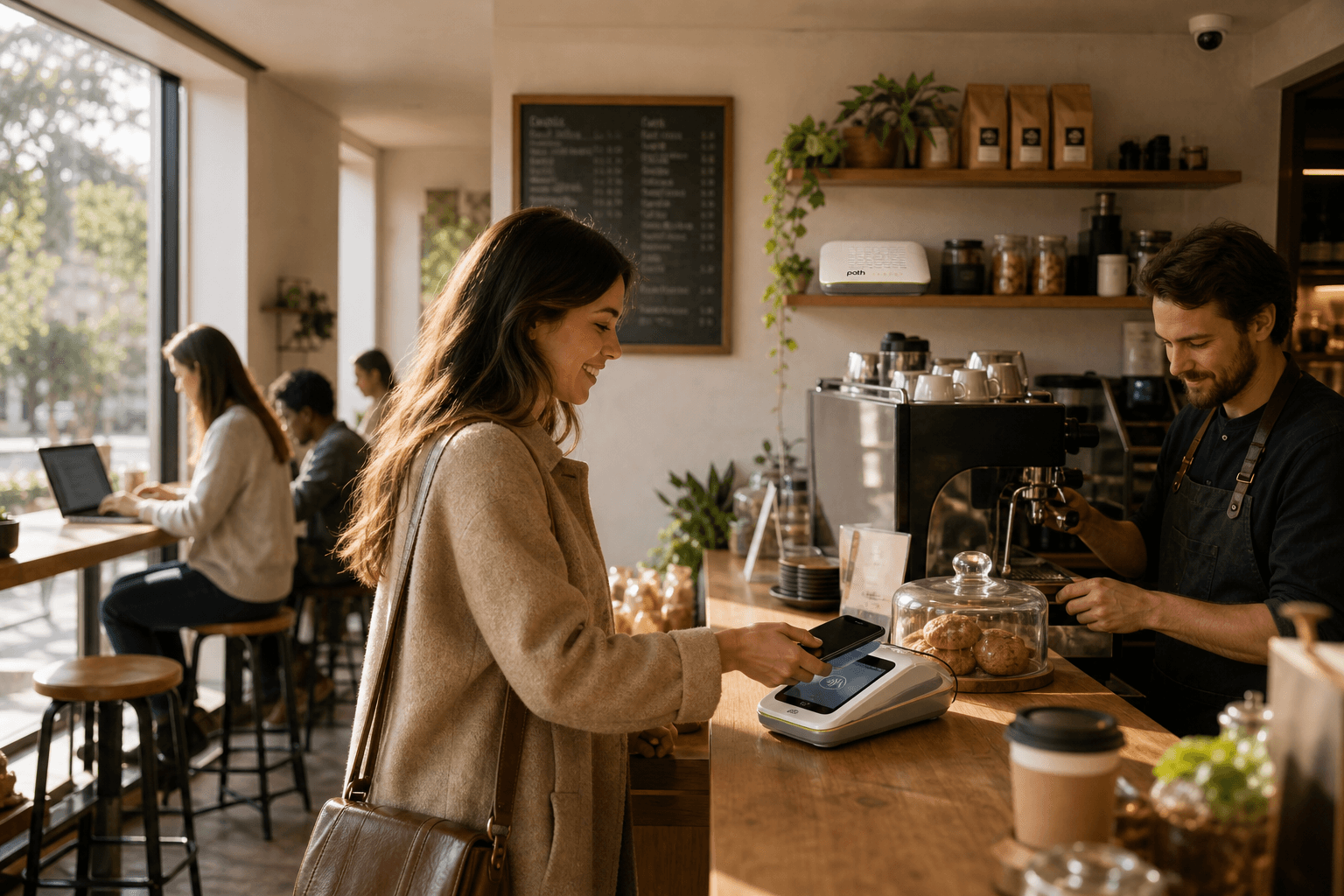 A busy cafe on Path fiber — a customer pays by phone at the counter while others work on laptops by the window