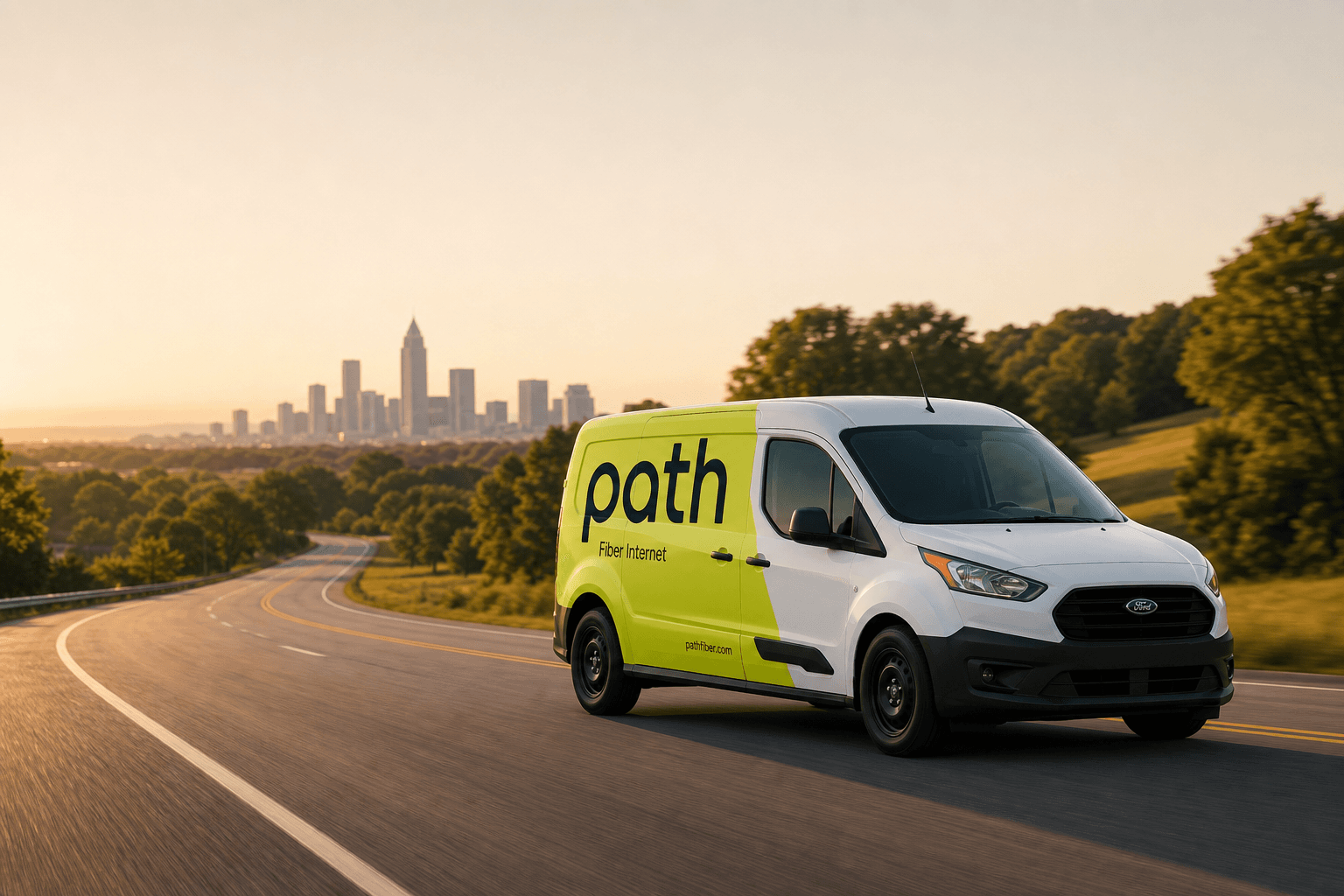 A Path fiber van on the road, heading toward the city